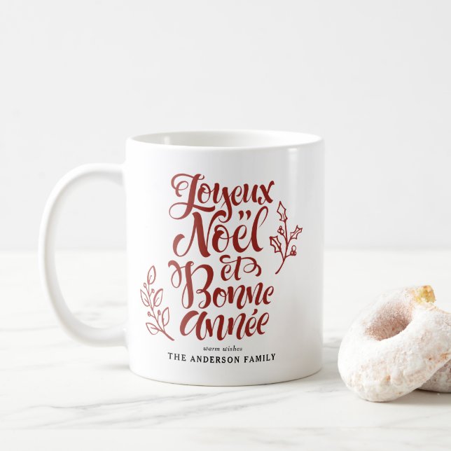 Taza De Café Red Joyeux Noël y Bonne Année Calligraphy (Con donut)