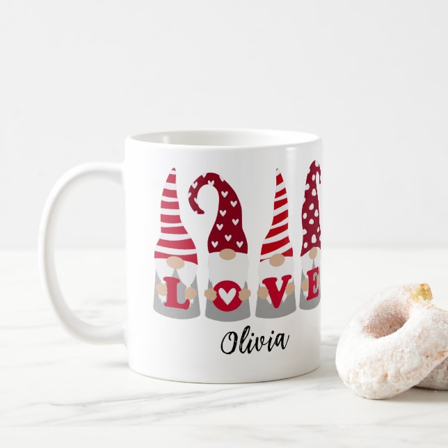 TAZA DE CAFÉ RED LOVE GNOMES NOMBRE EL DÍA DE SAN VALENTÍN MUG (Con donut)
