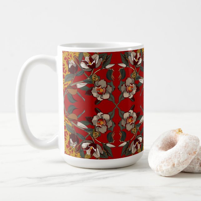 Taza De Café Red Magnolias on Red Background (Con donut)