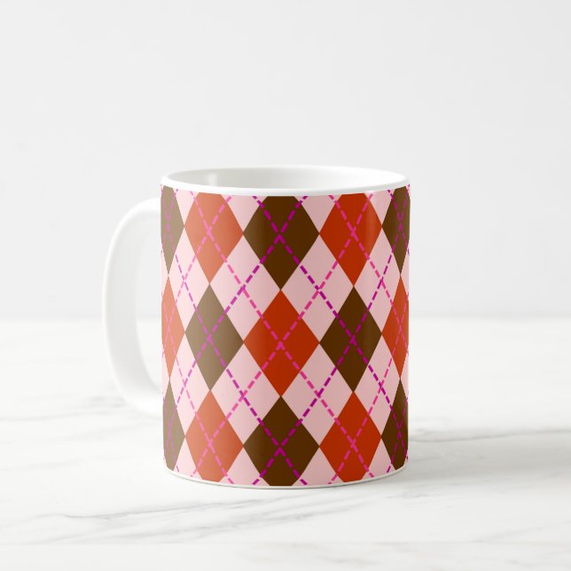 Taza De Café Red Pink and Brown Argyle Pattern (Anverso izquierdo)