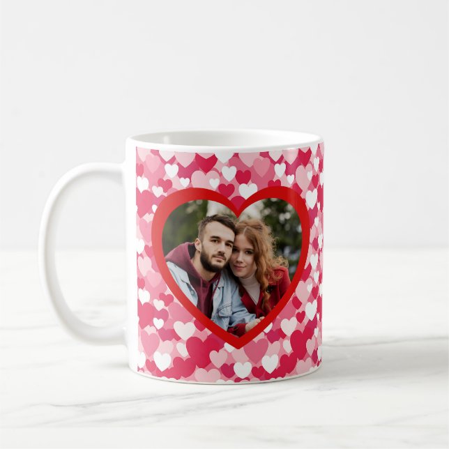 Taza De Café Red & Pink Heart Pattern Two Photo Personalized  (Izquierda)