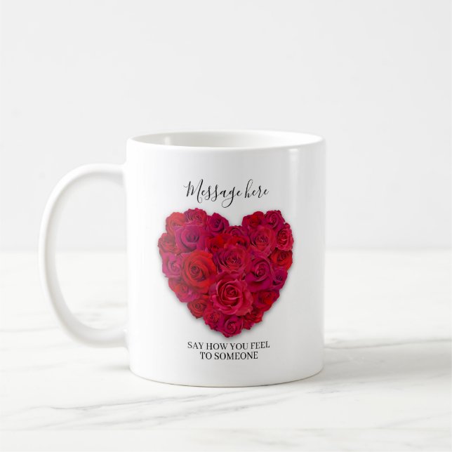 Taza De Café Red Rose Heart Romantic Floral Custom Text (Izquierda)
