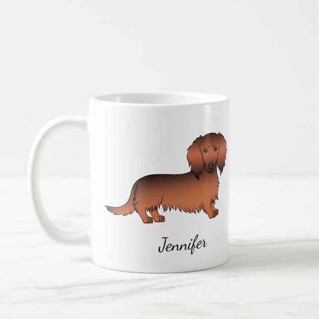 Taza De Café Red Sable Long Hair Dachshund Cartog Dog & Name (Izquierda)
