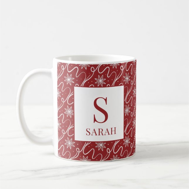 Taza De Café Red Snowflake Swirl Monogram Name (Izquierda)