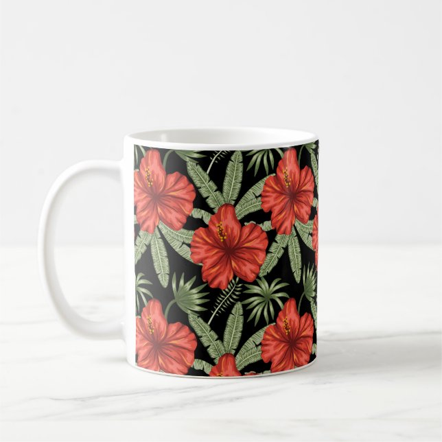 Taza De Café Red tropical flowers seamless pattern green leaves (Izquierda)