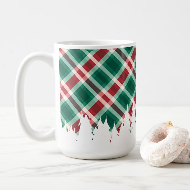 Taza De Café Red y Green Plaid con Árbol de Navidad Blanco (Con donut)