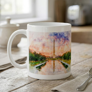 Taza De Café Reflejo del Monumento a Washington en Puesta de So