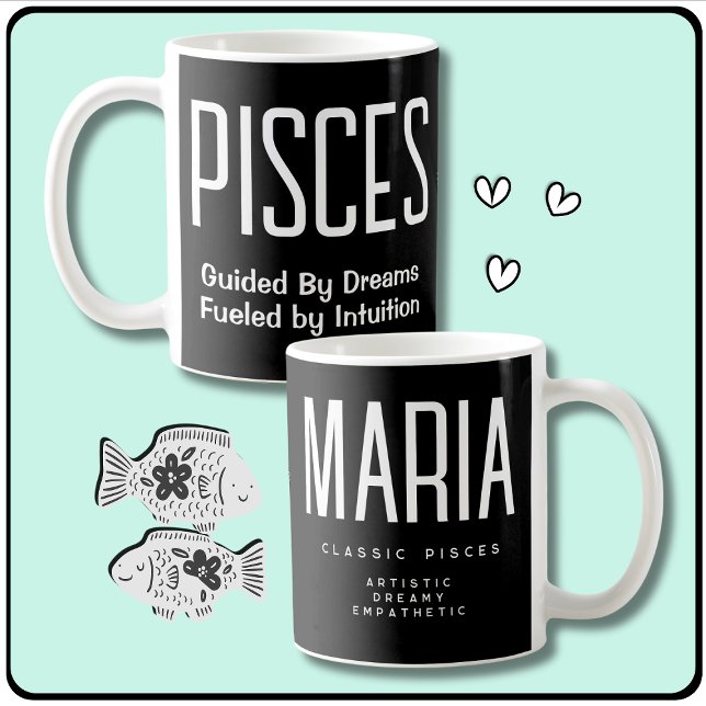 Taza De Café Regalo de Astrología de Rótulo de Agua Pisces (Pisces Star Sign Zodiac Gift with Personalized Name, Pisces Quote, Traits, Symbol & Birth Dates.)