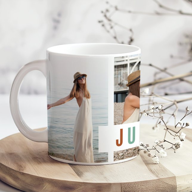 Taza De Café Regalo de Collage de fotos "Just Breathe" (Just Breathe" Photo Collage Gift Coffee Mug on a boho wooden kitchen table with tiny flowers.)