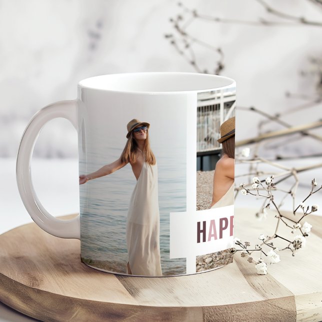 Taza De Café Regalo de Collage de fotos "Momentos Felices" ("Happy Moments" Photo Collage Gift Coffee Mug on a boho wooden kitchen table with tiny flowers.)