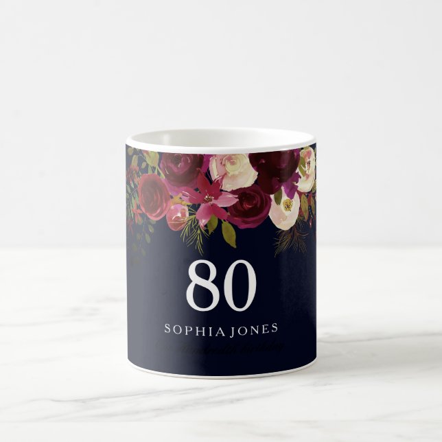 Taza De Café Regalo de cumpleaños 80 de Floral Azul de la Marin (Centro)