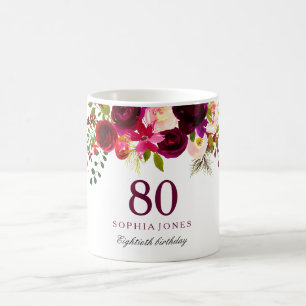 Taza De Café Regalo de cumpleaños 80 del Borgoña Red Floral Boh