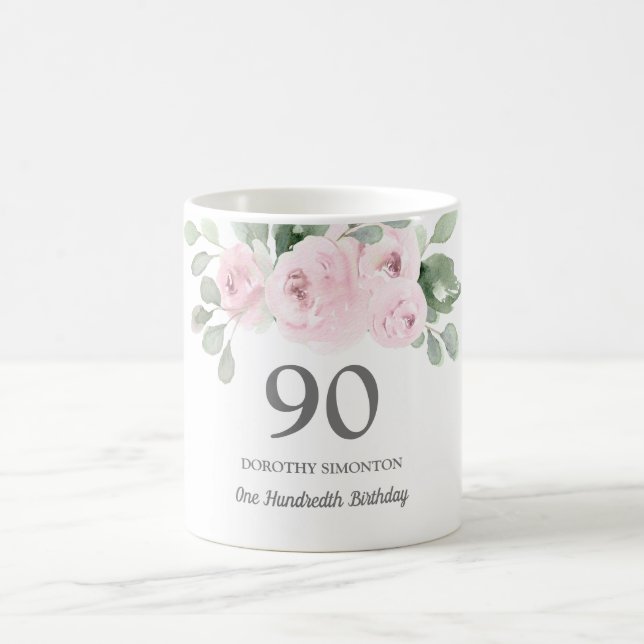 Taza De Café Regalo de cumpleaños 90 de mujeres florales rosada (Centro)