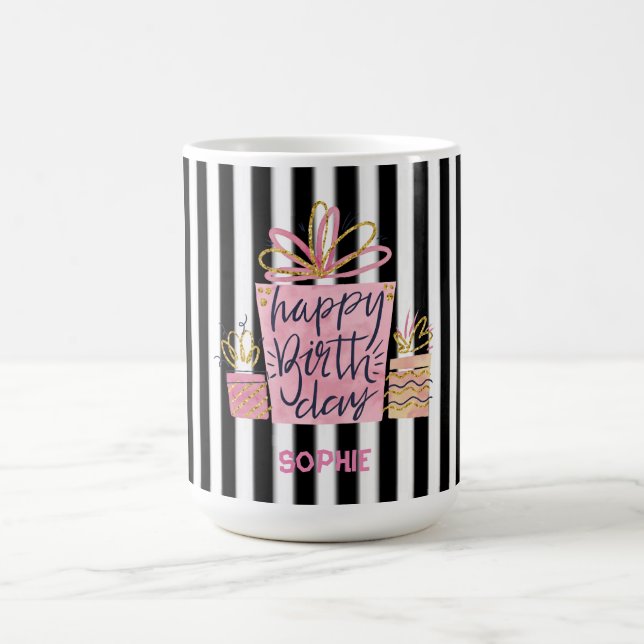 Taza De Café Regalo de cumpleaños Feliz Rosa en franjas blanco  (Centro)