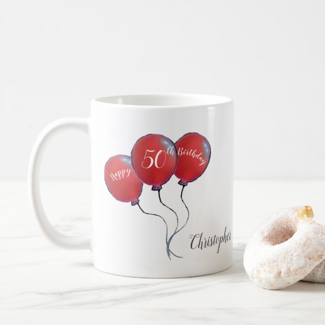 Taza De Café Regalo de globo rojo de 50 años (Con donut)