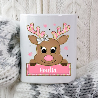 Taza De Café Regalo de Navidad Reno de Navidad Rosa Personaliza