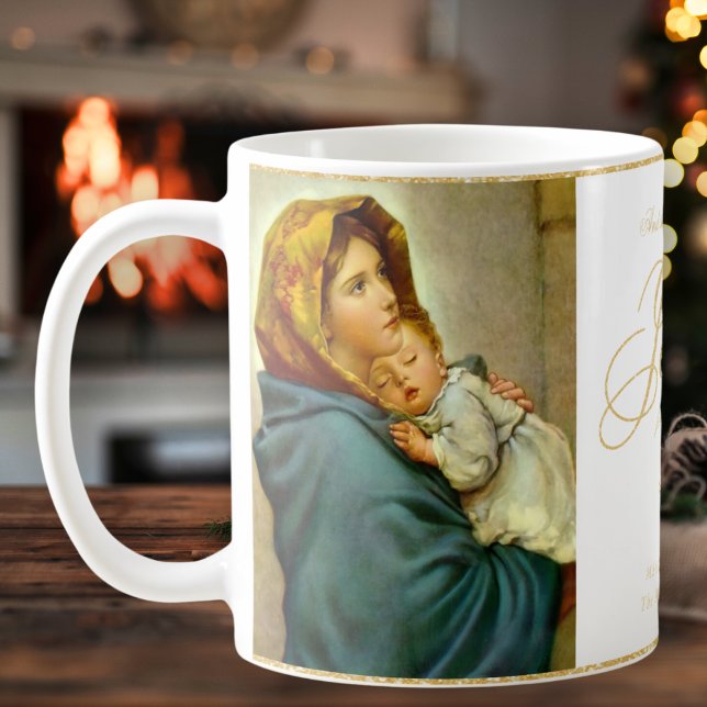 Taza De Café Regalo de Navidades religiosos y católicos infanti (Madonna & Child religious Bible Verse Christmas gift for Christians and Catholics in white & gold)
