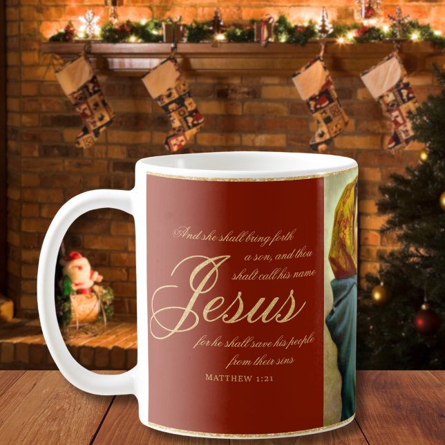 Taza De Café Regalo de Navidades religiosos y católicos infanti (Madonna and Child religious Christmas coffee cup with Bible verse in red and gold)