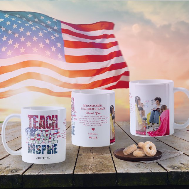 Taza De Café Regalo de profesora de bandera patriótica de Teach (Teach Love Inspire Patriotic Memorial Day 4th of July Independence Day Teacher Appreciation Gift)