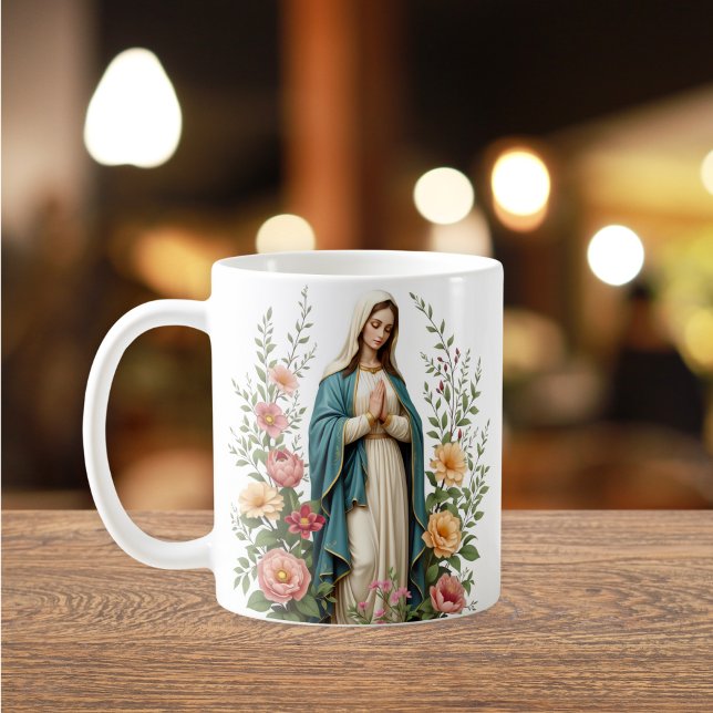 Taza De Café Regalo floral religioso para la Virgen Católica (Religious Floral Gift for Catholics Virgin Mary Coffee Mug)