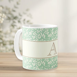 Taza De Café Regalo inicial personalizado de flores verdes vint