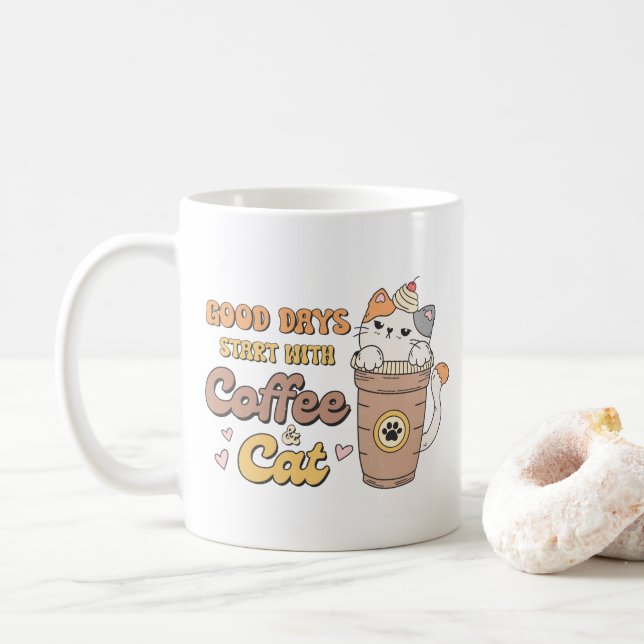 Taza De Café Regalo para los amantes del gato, buen día empiece (Con donut)