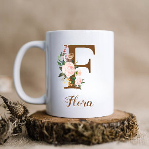 Taza De Café Regalo personalizado floral con letra F para dama
