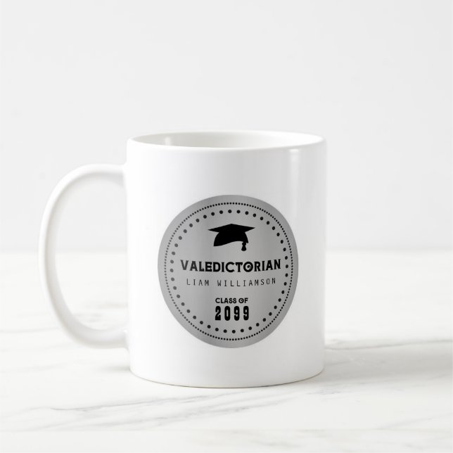 Taza De Café Regalo Valedictorian personalizado, negro y plata (Izquierda)