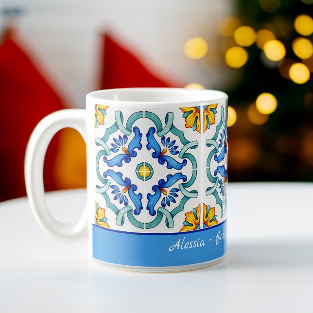 Taza De Café Regalos de dama de honor favorecen al personalizad (Bridesmaid gifts favors blue Majolica tiles custom Coffee Mug bridal party favors personalized mug)