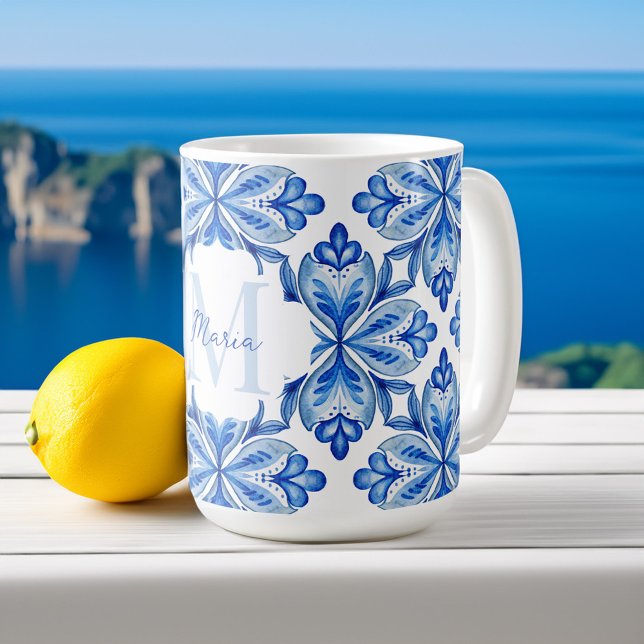 Taza De Café Regalos de dama de honor Italiano Baldosas azules  (Bridesmaid gifts Italian Blue tiles monogram personalized name Coffee Mug bridal party favors)