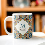 Taza De Café Regalos de damas de honor de talavera marrón verde<br><div class="desc">Verde azulado azul y marrón colorido talavera mexicana azulejo damas de novias regalos personalizados nombre monogramado café tazas regalos para ella</div>
