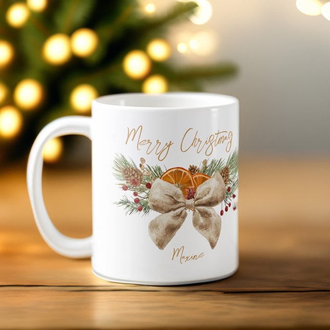Taza De Café Regalos de Navidades rústicos con arco de coqueta  (Coquette bow rustic Christmas  mug Christmas gifts personalized Coffee Mug pines citrus bow mug)
