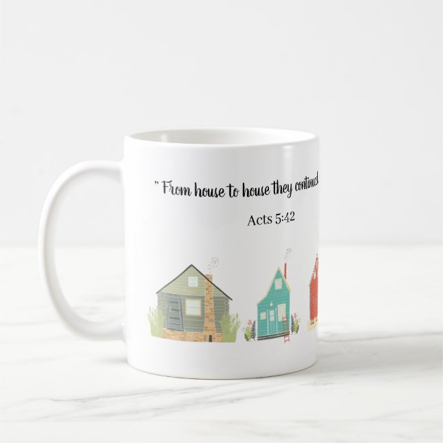 Taza De Café Regalos pioneros JW Actos 5:42 personalizados (Izquierda)