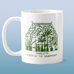 Taza De Café Reina de la jardinería personalizada de Greenhouse<br><div class="desc">Un invernadero vintage lleno de fabulosas plantas,  con un texto que dice Reina del invernadero. Cambie el nombre a personalizar. Perfecto para tu jardinero favorito. Arte original de Nic Squirrell.</div>