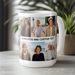 Taza De Café Rejilla de collage de 14 fotos - Texto central mod