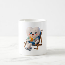Taza de café relajada con diente lindo en la playa