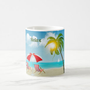Taza De Café Relájese en las tumbonas tropicales