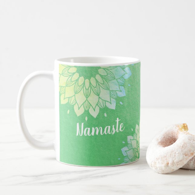 Taza De Café Relieve metalizado dorado verde Mandala (Con donut)