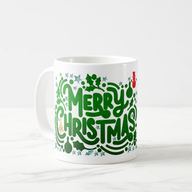 Taza De Café Relieves metalizados verdes Feliz Navidad. Foto (Anverso izquierdo)