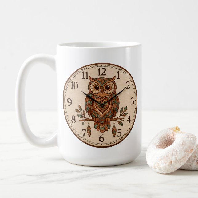 Taza De Café Reloj de pared grande búho boho (Con donut)