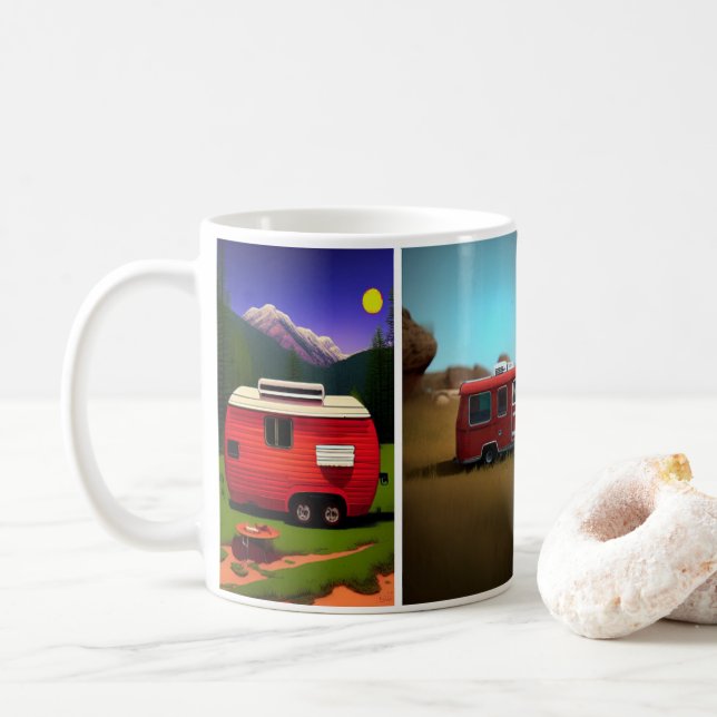 Taza De Café Remolques de camping con 4 tiernos remolques rojos (Con donut)