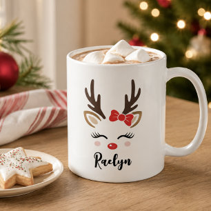 Taza De Café Reno Ciervo Cara Roja Lazo Personalizado Nombre Fe
