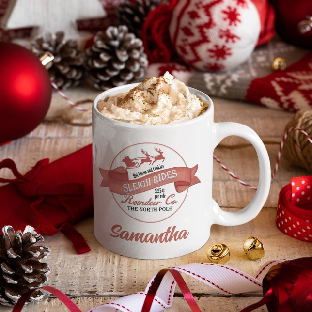 Taza De Café Reno navideño vintage personalizado (Custom Christmas reindeer sleigh rides mug.)