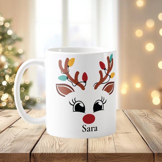 Taza De Café Reno personalizado con honda de Navidades de luz (Personalised Reindeer with Lights Christmas Mug
)