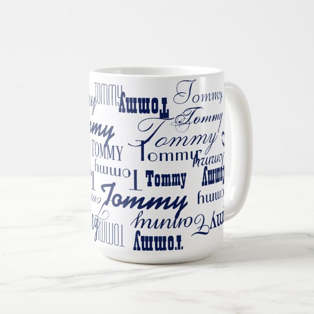 Taza De Café Repetir el nombre azul en todo el blanco (Anverso derecho)