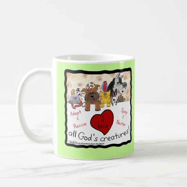 Taza De Café Rescate animal- Amo las criaturas de todos los Dio (Izquierda)