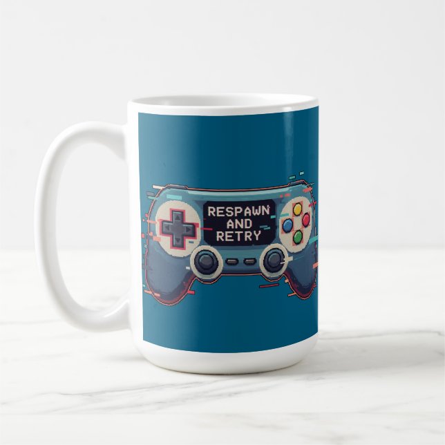 Taza De Café Respawn and Retry - Retro Gaming Glitch Art (Izquierda)