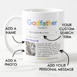 Taza De Café Resultado divertido de búsqueda del Mejor Padrino<br><div class="desc">Una tontería divertida para los padrinos con el logo de la "búsqueda del padrino" y un único resultado de búsqueda del "Mejor padrino de la historia" (o cualquier otro texto),  y que incluye el nombre de tu padrino,  una foto,  un mensaje personal y una calificación de 5 estrellas.</div>