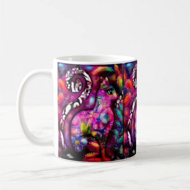 Taza De Café Resumen caprichoso Gato Kitty Floral Rojo Rosa (Izquierda)