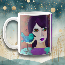 Taza De Café Resumen Chica y pájaro morado y Verde azulado pers